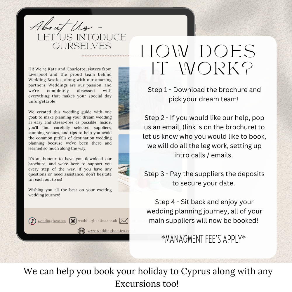 Cyprus wedding suppliers
Wedding planning in Cyprus
Getting married in Cyprus
Cyprus wedding checklist
How to plan a wedding in Cyprus